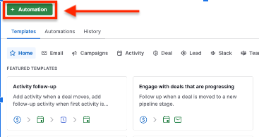 The Pipedrive Automations page with the + Automation button
