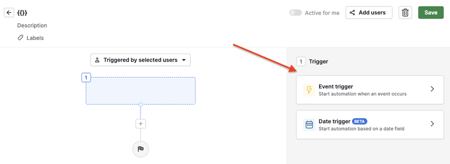 Selecting an Event trigger in the Pipedrive automation builder
