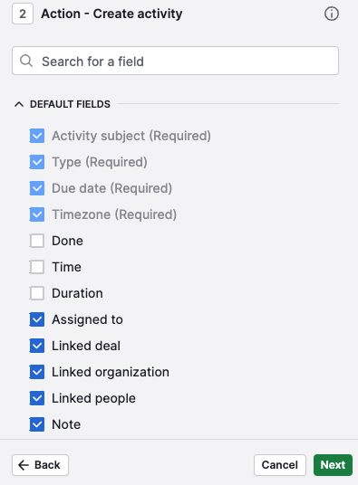 Choosing which activity fields to include in the Create activity action