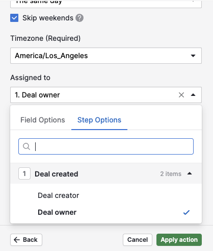 Filling in the Create activity fields, with Assigned to set to Deal owner
