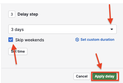 Adding a 3-day Delay step with Skip weekends checked