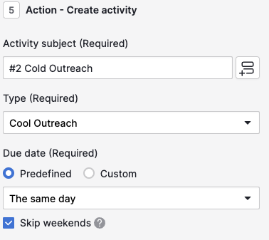 The final Create activity action for the second automation